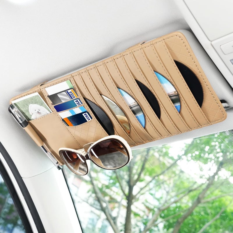 alpmosn Sun Visor CD Case Holder for Car - Multi-Function Visor Organizer with CD/DVD Storage, Eyeglass Clip, Card Slots & Pen Holder, Durable Leather Car Accessories (Beige) - Image 1